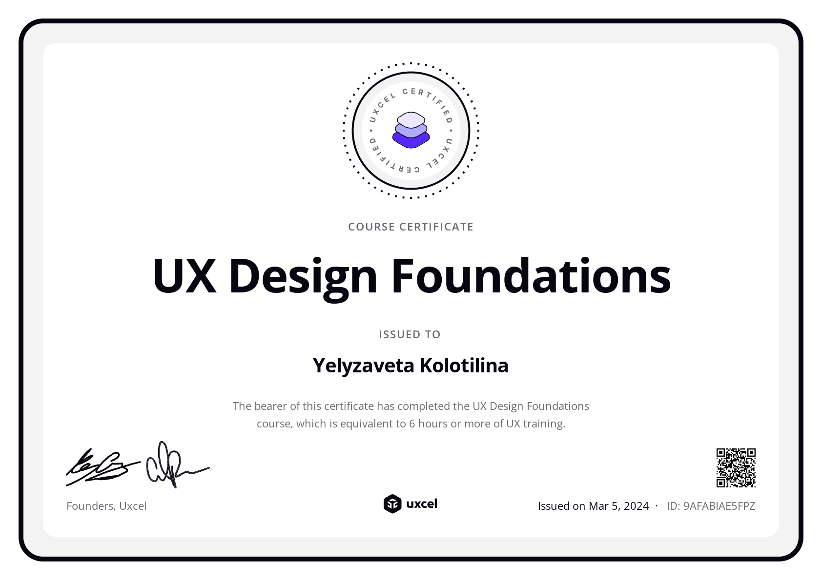 Yelyzaveta Kolotilina's certificate